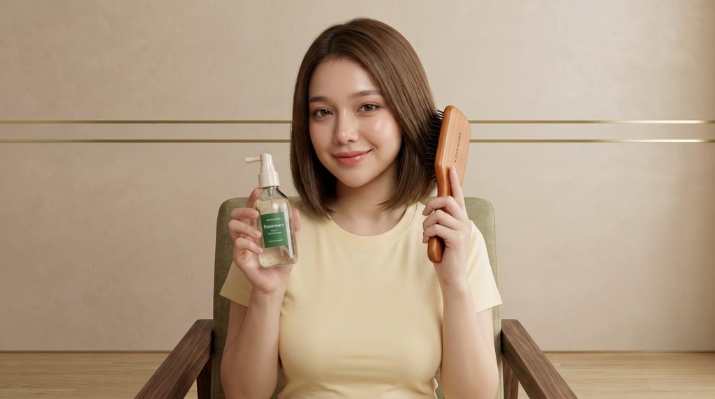 ローズマリールートエンハンサーとヘアブラシを並べた様子
