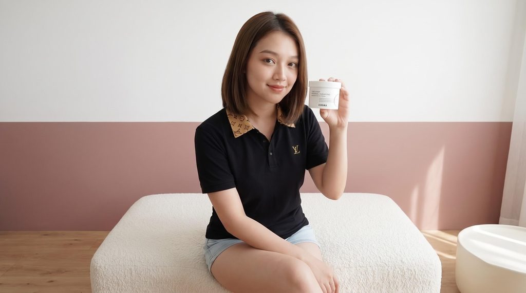 COSRXワンステップ オリジナル クリアパッドを手に持つ女性