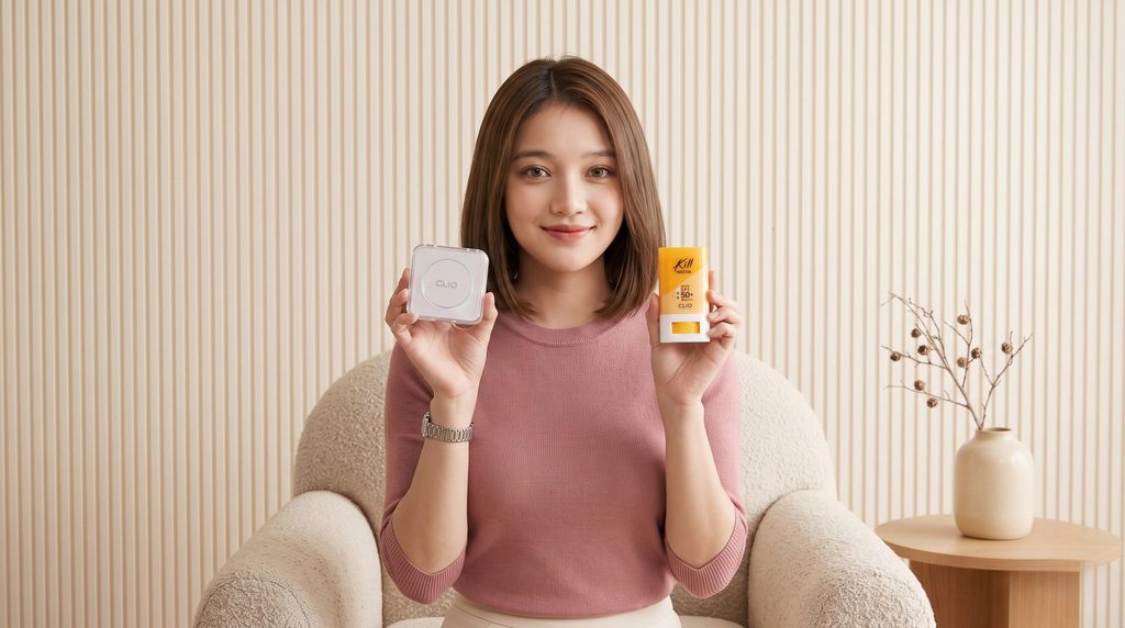 CLIOキルカバーファンウェアクッションザオリジナルと日焼け止めを並べて紹介する女性