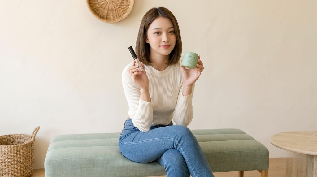 スキンケアで保湿した後にコンシーラーを使う様子